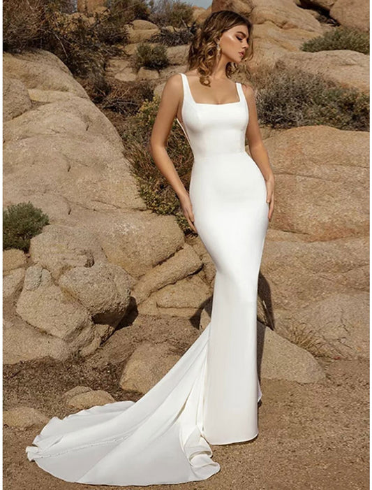 Wholesale Beach Open Back Casual Wedding Dresses Mermaid / Trumpet Square Neck Sleeveless Court Train Stretch Fabric Bridal Gowns With Buttons Solid Color Summer Wedding Party