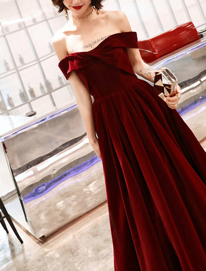 wholesale   A-Line Evening Gown Elegant Dress Wedding Guest Ankle Length Short Sleeve Off Shoulder Velvet with Sleek