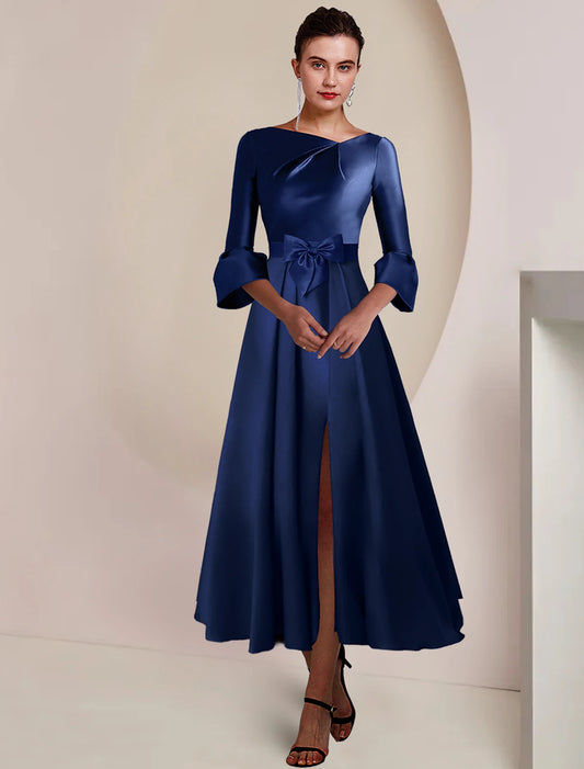 wholesale A-Line Mother of the Bride Dress Formal Wedding Guest Party Elegant Bateau Neck Tea Length Satin 3/4 Length Sleeve with Bow(s) Split Front