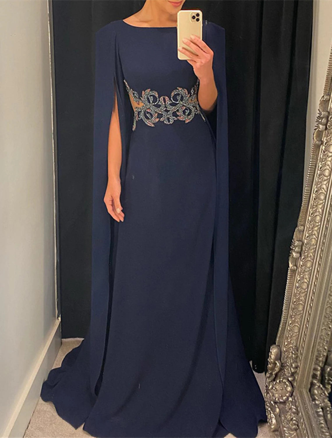 Wholesa A-Line Evening Gown Elegant Dress Formal Wedding Guest Court Train Sleeveless Jewel Neck Stretch Chiffon with Shawl