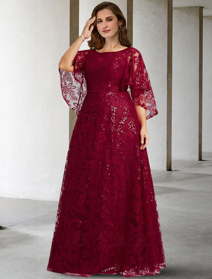 Wholesa A-Line Mother of the Bride Dress Plus Size Hide Belly Elegant Jewel Neck Floor Length Lace Half Sleeve No with Sequin Appliques