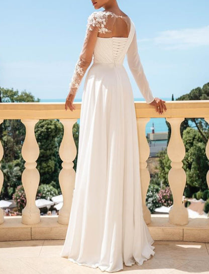 Wholesa Beach Mature Wedding Dresses A-Line Scoop Neck Long Sleeve Sweep / Brush Train Chiffon Bridal Gowns With Pleats Split Front