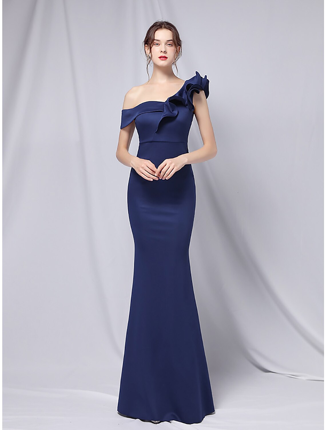 Wholesa Mermaid Party Dress Evening Gown Empire Dress Wedding Guest Formal Evening Floor Length Short Sleeve One Shoulder Stretch Satin with Ruffles