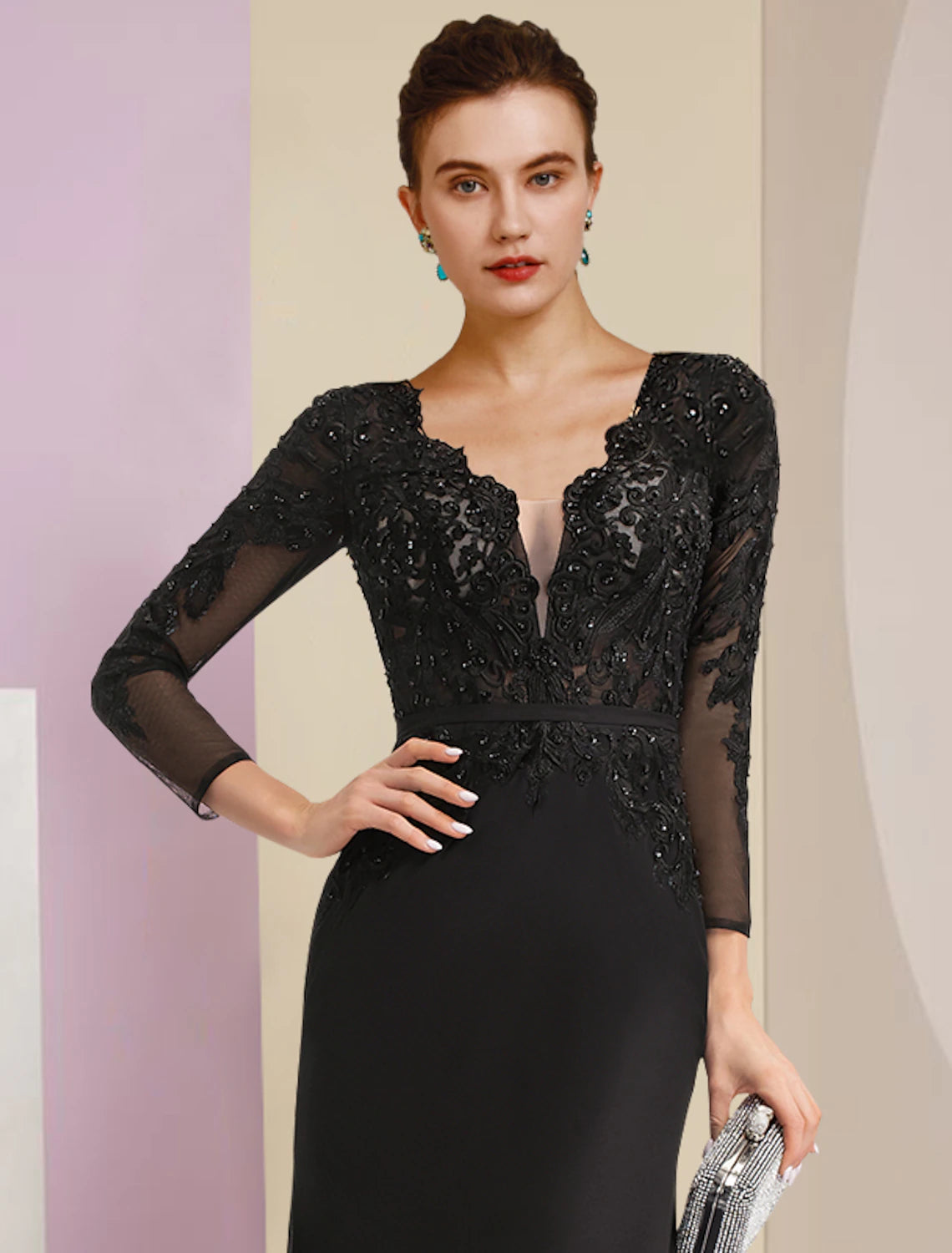 wholesale  Sheath / Column Mother of the Bride Dress Wedding Guest Vintage Party V Neck Court Train Chiffon Lace Long Sleeve with Sequin