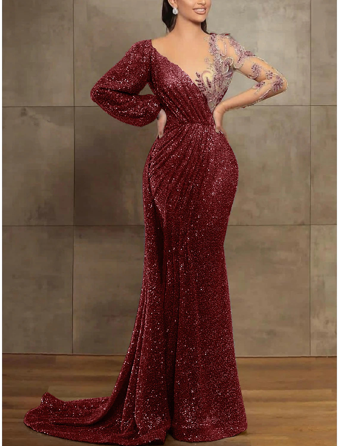 Aimishang Mermaid / Trumpet Evening Gown Elegant Formal Dress Red Green Dress Long Sleeve Sequined Long Prom Dress with Pleats