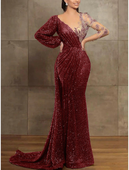 Aimishang Mermaid / Trumpet Evening Gown Elegant Formal Dress Red Green Dress Long Sleeve Sequined Long Prom Dress with Pleats