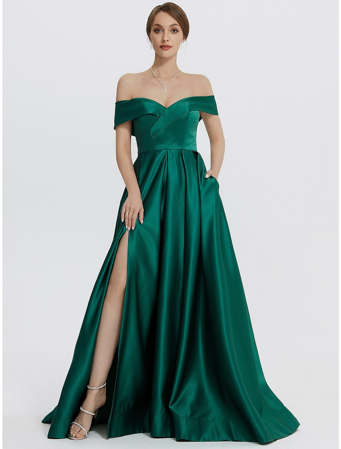 Wholesa A-Line Evening Gown Elegant Dress Formal Prom Floor Length Sleeveless Sweetheart Satin with Slit