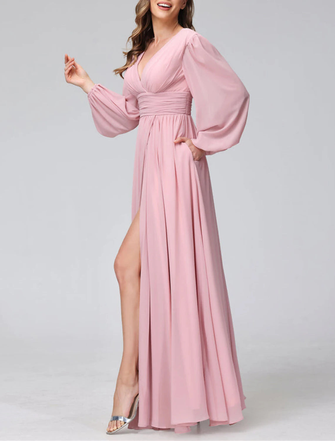 Wholesa A-Line Bridesmaid Dress V Neck Long Sleeve Pink Floor Length Chiffon with Split Front / Ruching