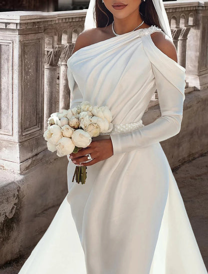 Wholesa Formal Wedding Dresses Two Piece One Shoulder Long Sleeve Floor Length Satin Bridal Gowns With Sash / Ribbon Beading