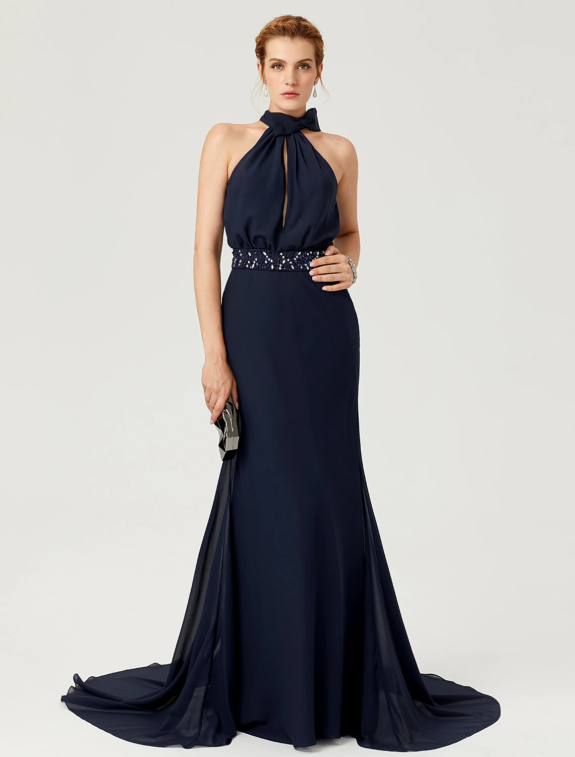 Wholesa Sheath / Column Elegant Holiday Cocktail Party Formal Evening Dress High Neck Sleeveless Court Train Chiffon with Sash / Ribbon Bow(s) Pleats