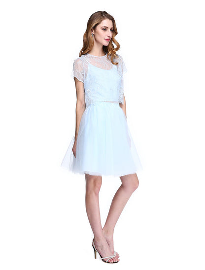 wholesale   A-Line Mother of the Bride Dress Two Piece Jewel Neck Knee Length Lace Tulle Short Sleeve No with Lace