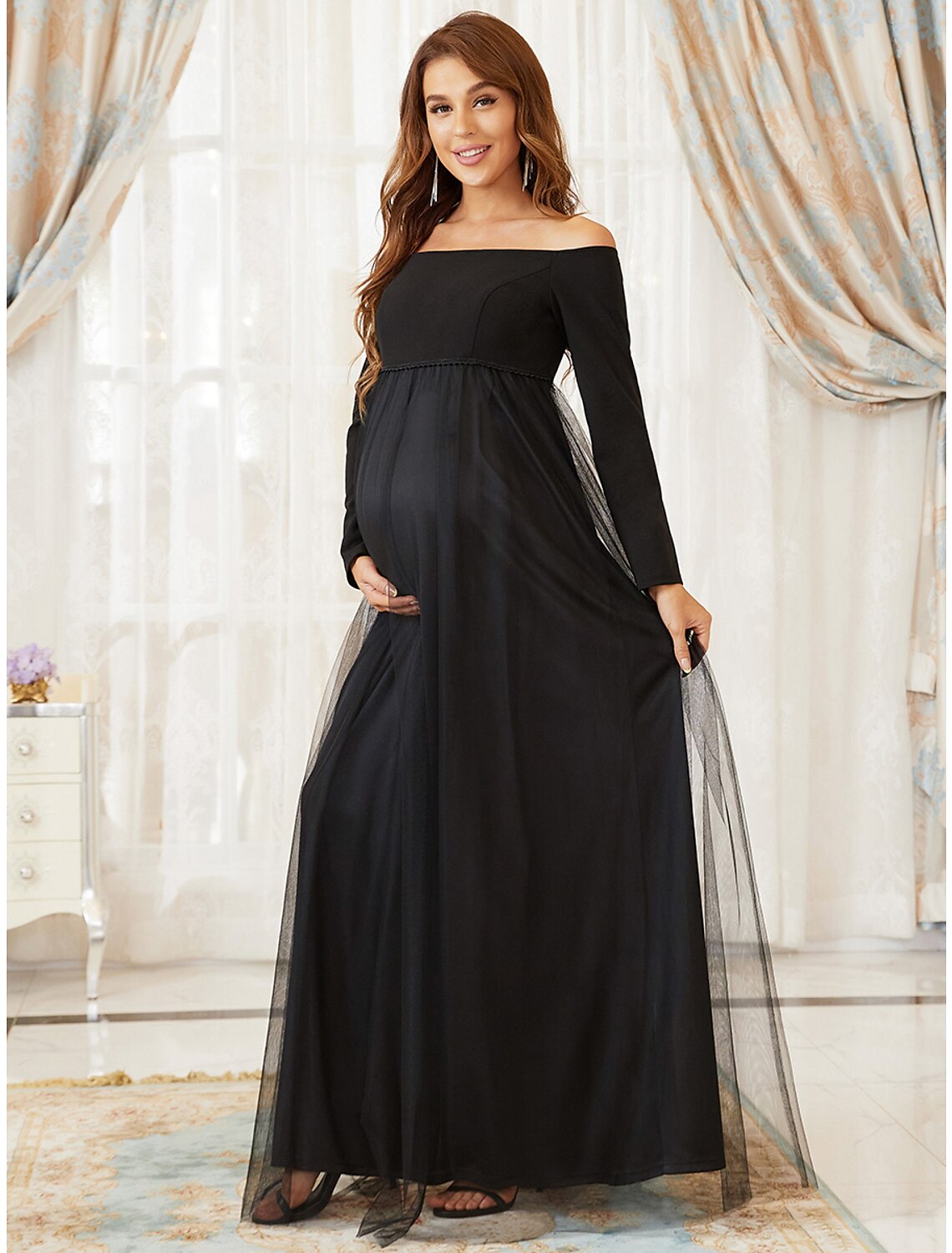 wholesale  A-Line Mother of the Bride Dress Maternity Elegant Off Shoulder Floor Length Tulle Long Sleeve with Tier