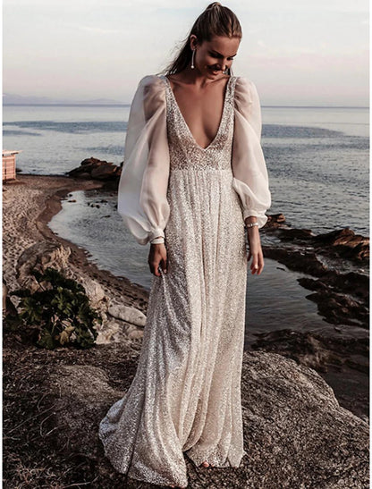 Wholesale Beach Open Back Boho Wedding Dresses A-Line V Neck Long Sleeve Sweep / Brush Train Sequined Bridal Gowns With Pleats 2023 Summer Wedding Party