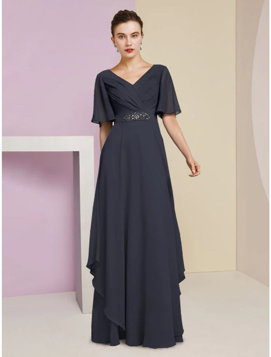 Wholesa  A-Line Mother of the Bride Dress Wedding Guest Elegant V Neck Floor Length Chiffon Short Sleeve with Crystal Brooch Ruching