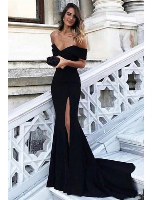 Wholesale Sheath / Column Elegant Prom Formal Evening Dress Off Shoulder Sleeveless Court Train Spandex with Slit