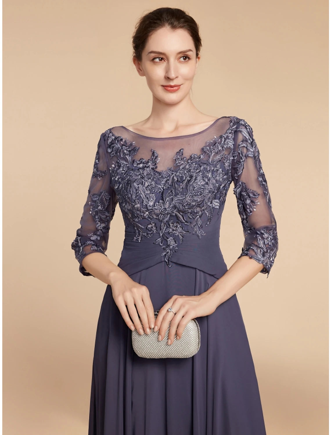 Wholesa A-Line Mother of the Bride Dress Wedding Guest Elegant Scoop Neck Floor Length Chiffon Lace 3/4 Length Sleeve with Ruching Solid Color