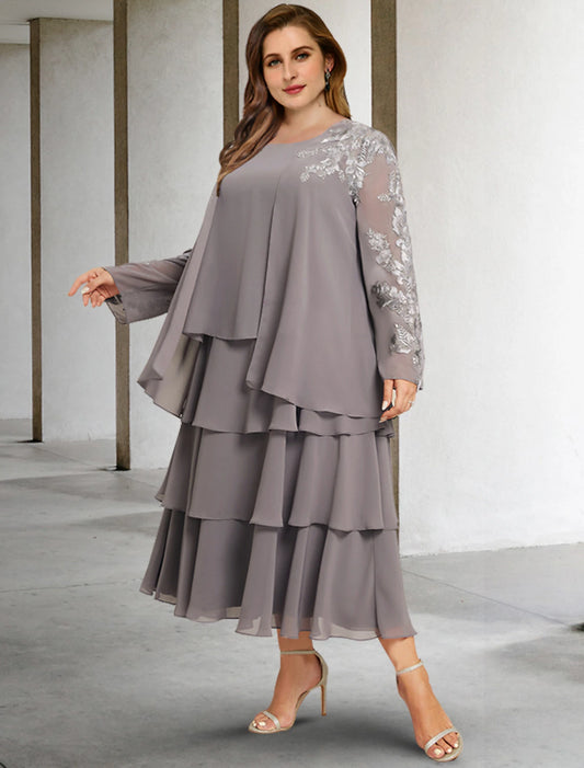 wholesale Two Piece A-Line Mother of the Bride Dresses Plus Size Hide Belly Curve Elegant Dress Formal Tea Length Sleeveless Jewel Neck Chiffon with Ruffles Appliques