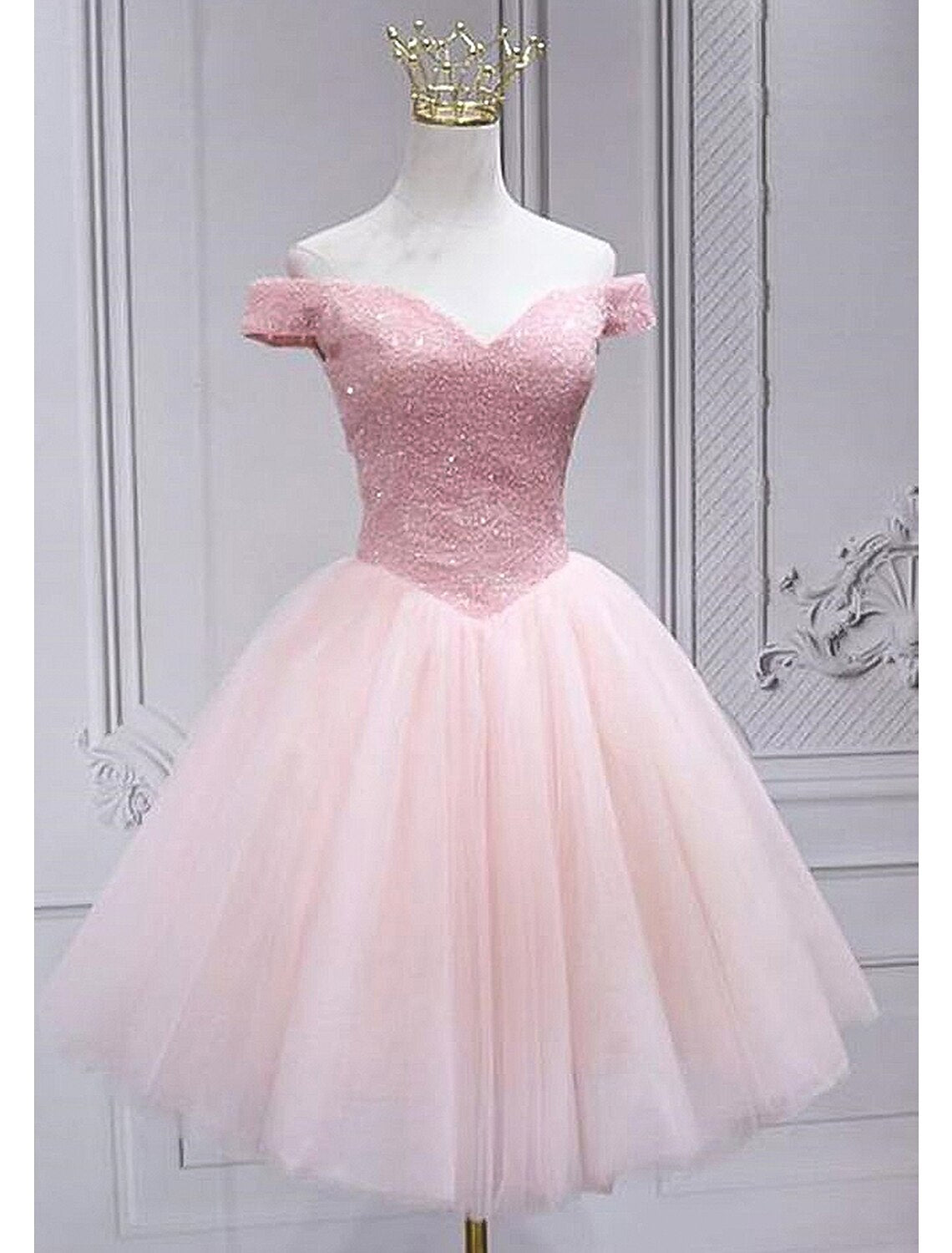 Wholesale A-Line Homecoming Dresses Sparkle & Shine Dress Party Wear Knee Length Sleeveless Off Shoulder Tulle with Sequin