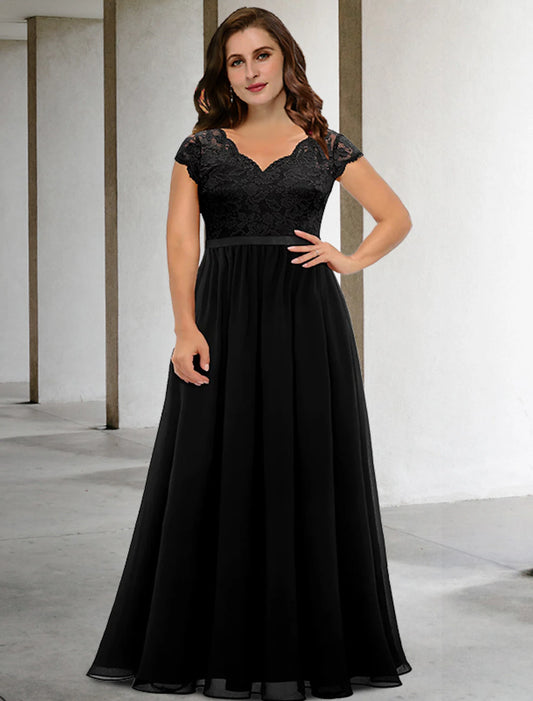 wholesale  A-Line Mother of the Bride Dresses Plus Size Hide Belly Curve Elegant Dress Formal Floor Length Short Sleeve V Neck Chiffon with Pleats Appliques