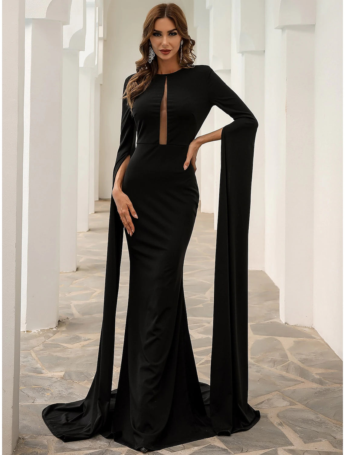 Wholesa Black Mermaid / Trumpet Evening Gown Elegant Dress Formal Fall Court Train Long Sleeve Jewel Neck Stretch Fabric with Pleats