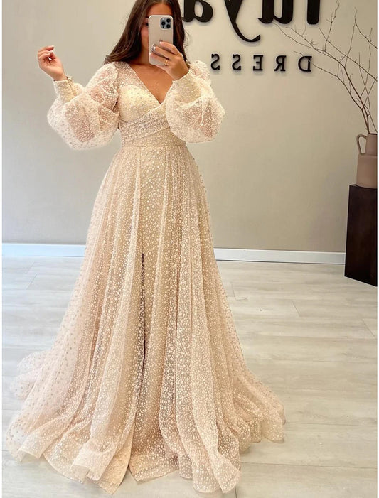 Wholesa A-Line Prom Dresses Elegant Dress Formal Prom Floor Length Long Sleeve V Neck Sequined with Glitter Sequin