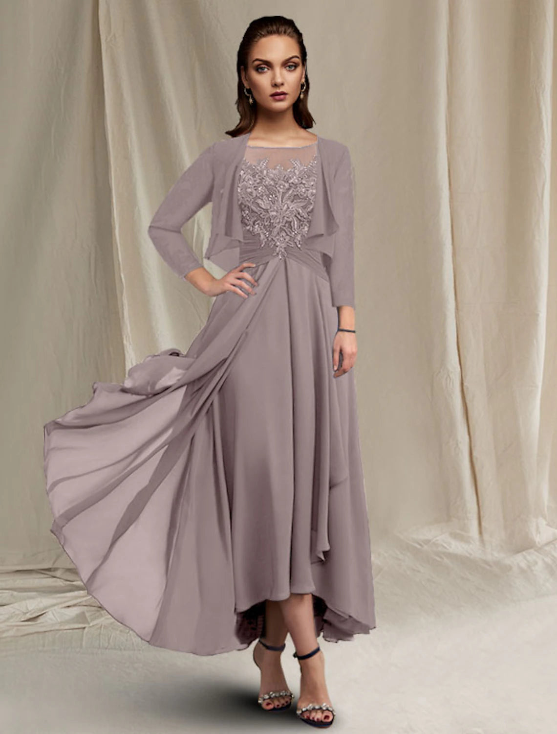 Wholesa Two Piece A-Line Mother of the Bride Dress Elegant High Low Jewel Neck Asymmetrical Tea Length Chiffon Lace 3/4 Length Sleeve Wrap Included with Sequin Appliques