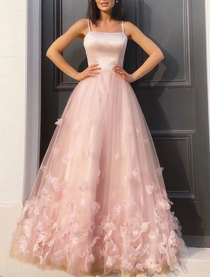 Wholesale A-Line Prom Dresses Floral Dress Performance Floor Length Sleeveless Spaghetti Strap Tulle with Pleats Appliques