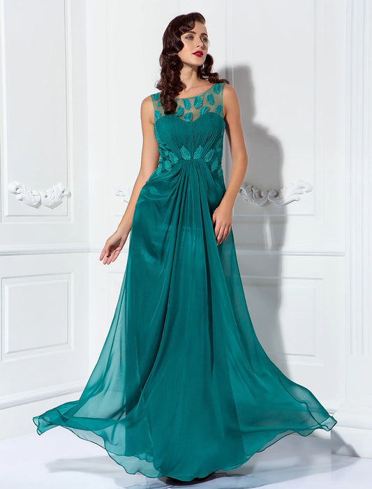 Wholesa Sheath / Column Elegant Dress Prom Formal Evening Floor Length Sleeveless Illusion Neck Chiffon with Draping Appliques