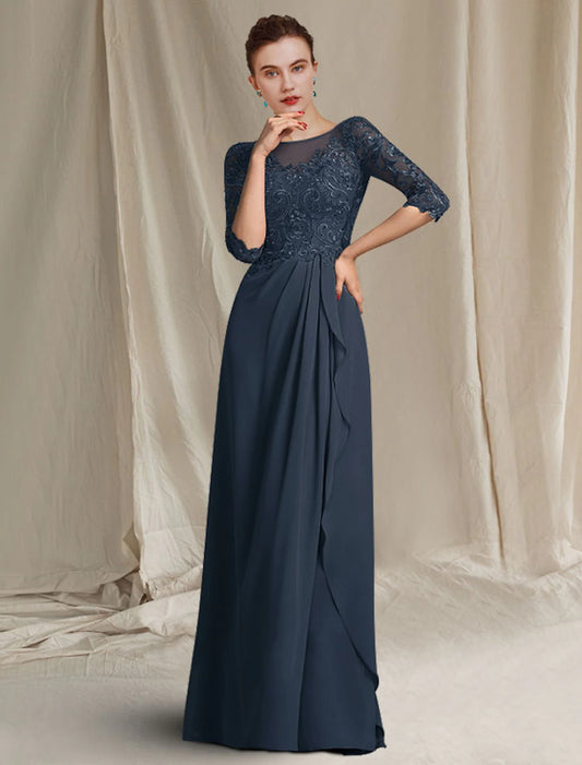 wholesale  Sheath / Column Mother of the Bride Dress Plus Size Elegant Jewel Neck Floor Length Chiffon Lace 3/4 Length Sleeve with Pleats Ruffles Appliques