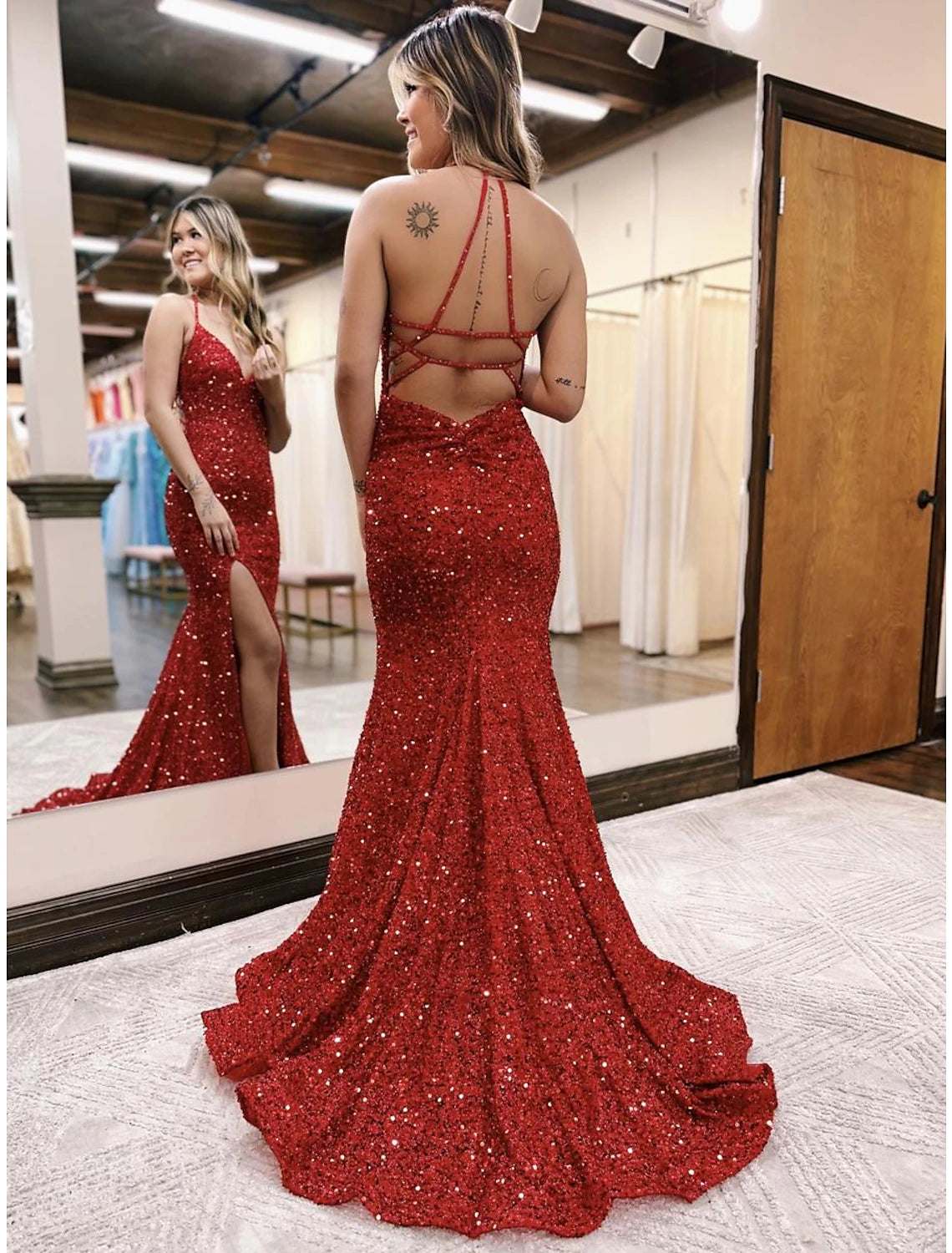 Wholesa Mermaid / Trumpet Prom Dresses Sparkle & Shine Dress Formal Wedding Guest Sweep / Brush Train Sleeveless V Neck Sequined Backless with Sequin Slit