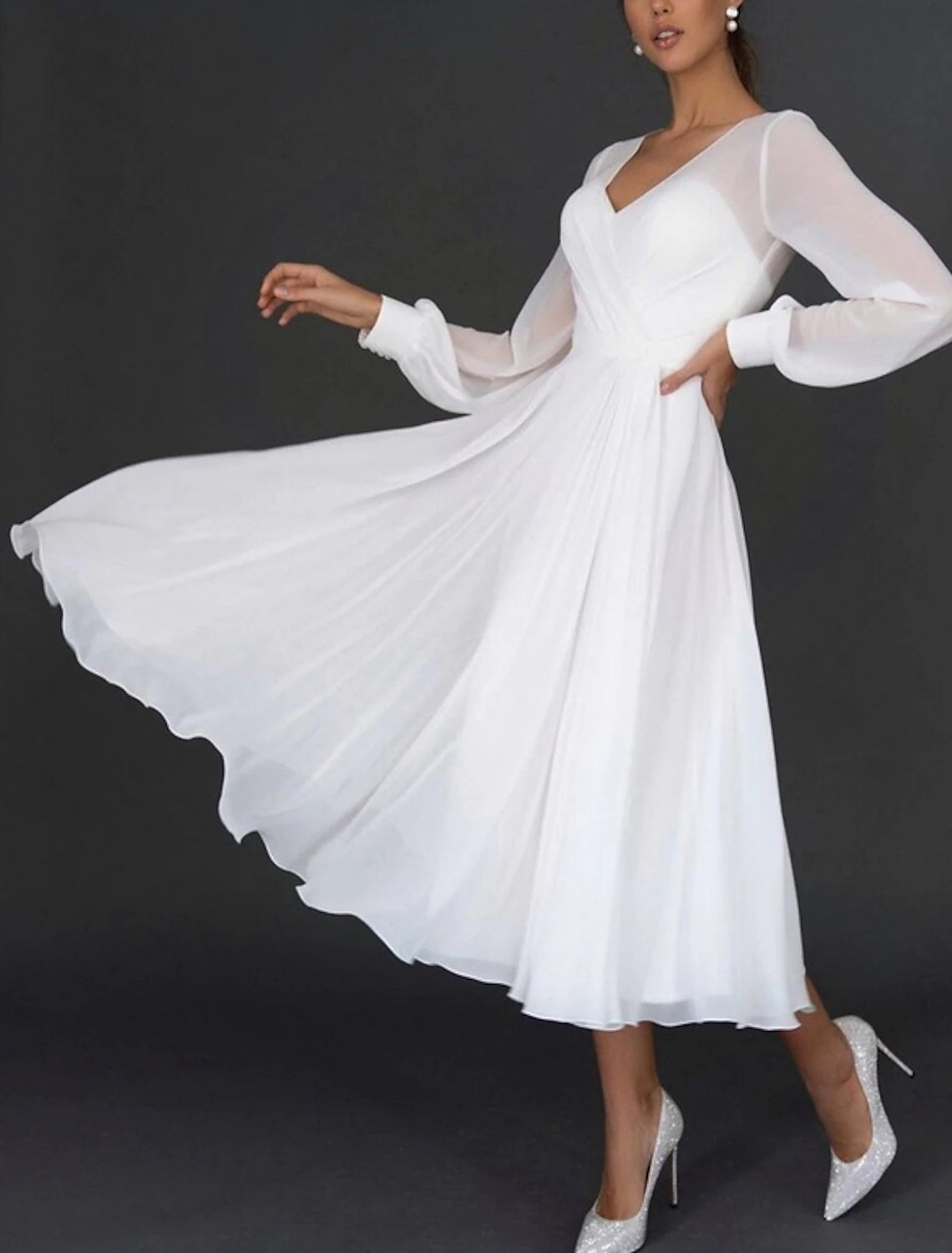 Wholesa Reception Little White Dresses Wedding Dresses A-Line V Neck Long Sleeve Tea Length Chiffon Bridal Gowns With Pleats