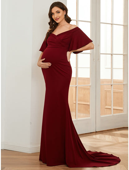 Wholesa Mermaid / Trumpet Maternity Dresses Maternity Dress Formal Wedding Party Court Train Short Sleeve Off Shoulder Stretch Fabric with Ruched Pure Color