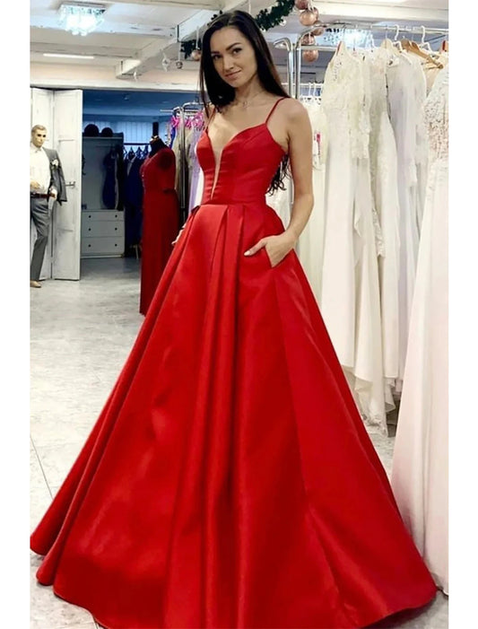 wholesale A-Line Prom Dresses Minimalist Dress Formal Floor Length Sleeveless V Neck Pocket Satin with Pleats