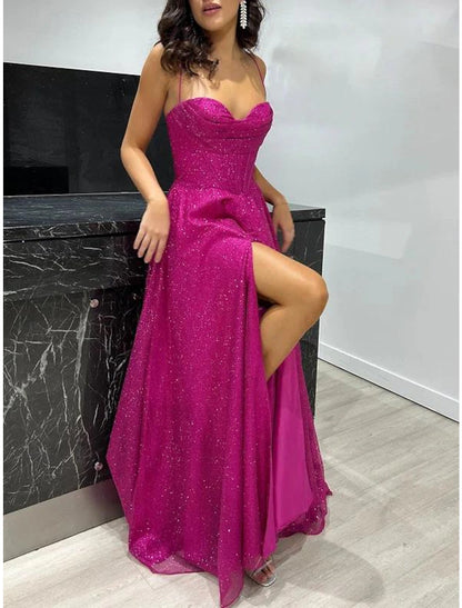 Wholesa A-Line Prom Dresses Corsets Dress Wedding Guest Wedding Party Sweep / Brush Train Sleeveless Spaghetti Strap Fall Wedding Reception Tulle with Glitter Pleats