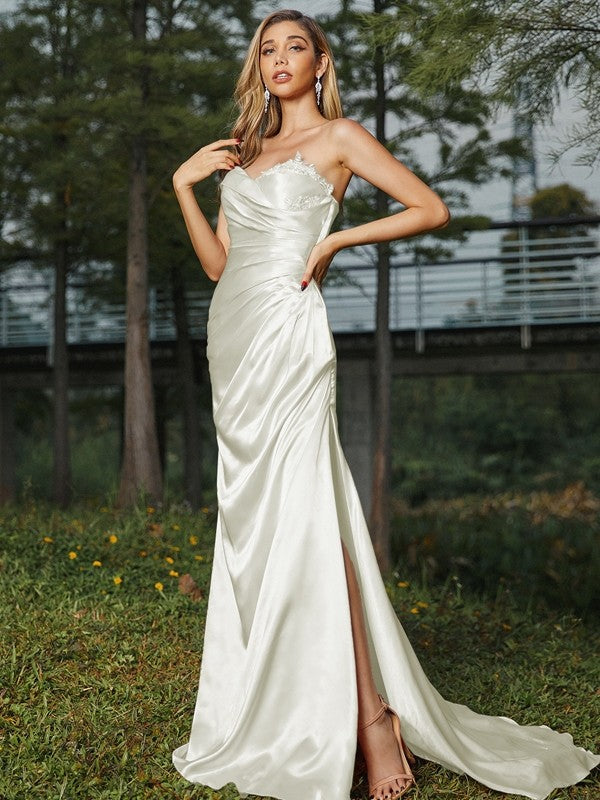 Wholesa Sheath/Column Silk like Satin Ruched Sweetheart Sleeveless Sweep/Brush Train Bridesmaid Dresses