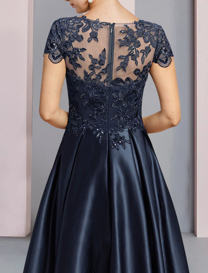 Wholesa  A-Line Mother of the Bride Dress Formal Wedding Guest Party Elegant High Low Scoop Neck Asymmetrical Tea Length Satin Lace Half Sleeve with Sequin Appliques