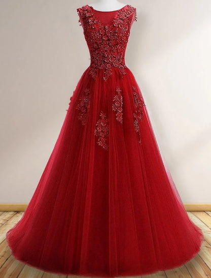 wholesale  A-Line Prom Dresses Elegant Dress Wedding Guest Sweep / Brush Train Sleeveless Jewel Neck Tulle with Appliques