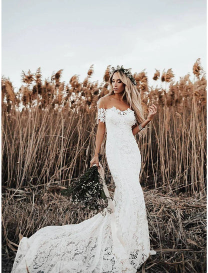 Wholesale Beach Boho Wedding Dresses Mermaid / Trumpet Off Shoulder Cap Sleeve Chapel Train Lace Bridal Gowns With Appliques Solid Color 2023 Summer Wedding Party