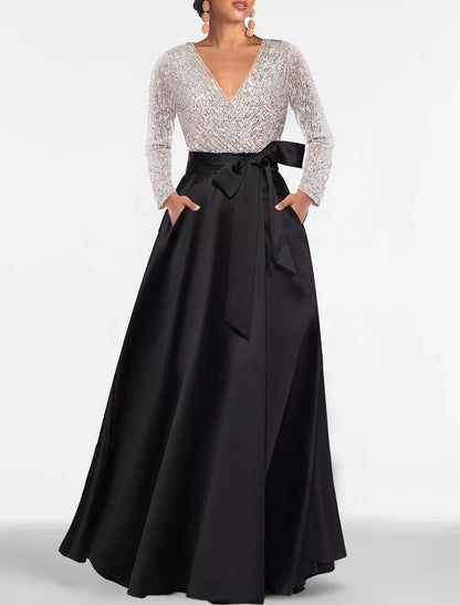 Wholesa A-Line Evening Gown Elegant Dress Formal Floor Length Long Sleeve V Neck Fall Wedding Guest Satin with Sequin Pocket