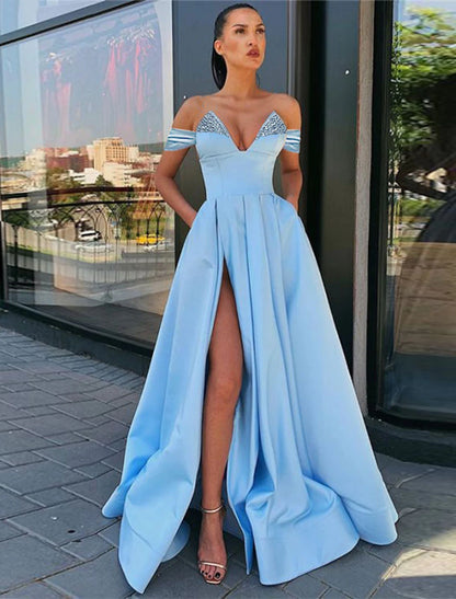 Wholesa A-Line Evening Gown Sexy Dress Wedding Guest Prom Floor Length Short Sleeve V Neck Satin with Beading Slit