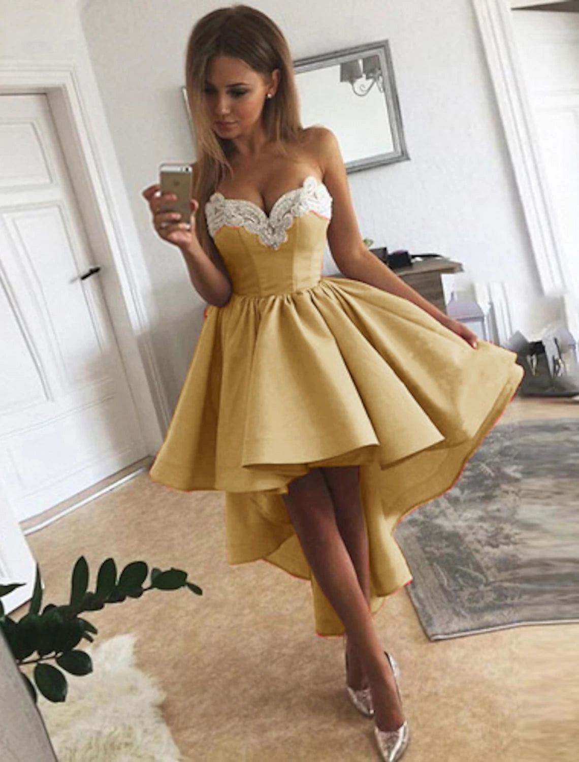 wholesale  A-Line Cocktail Dresses Minimalist Dress Homecoming Asymmetrical Sleeveless Strapless Satin with Appliques