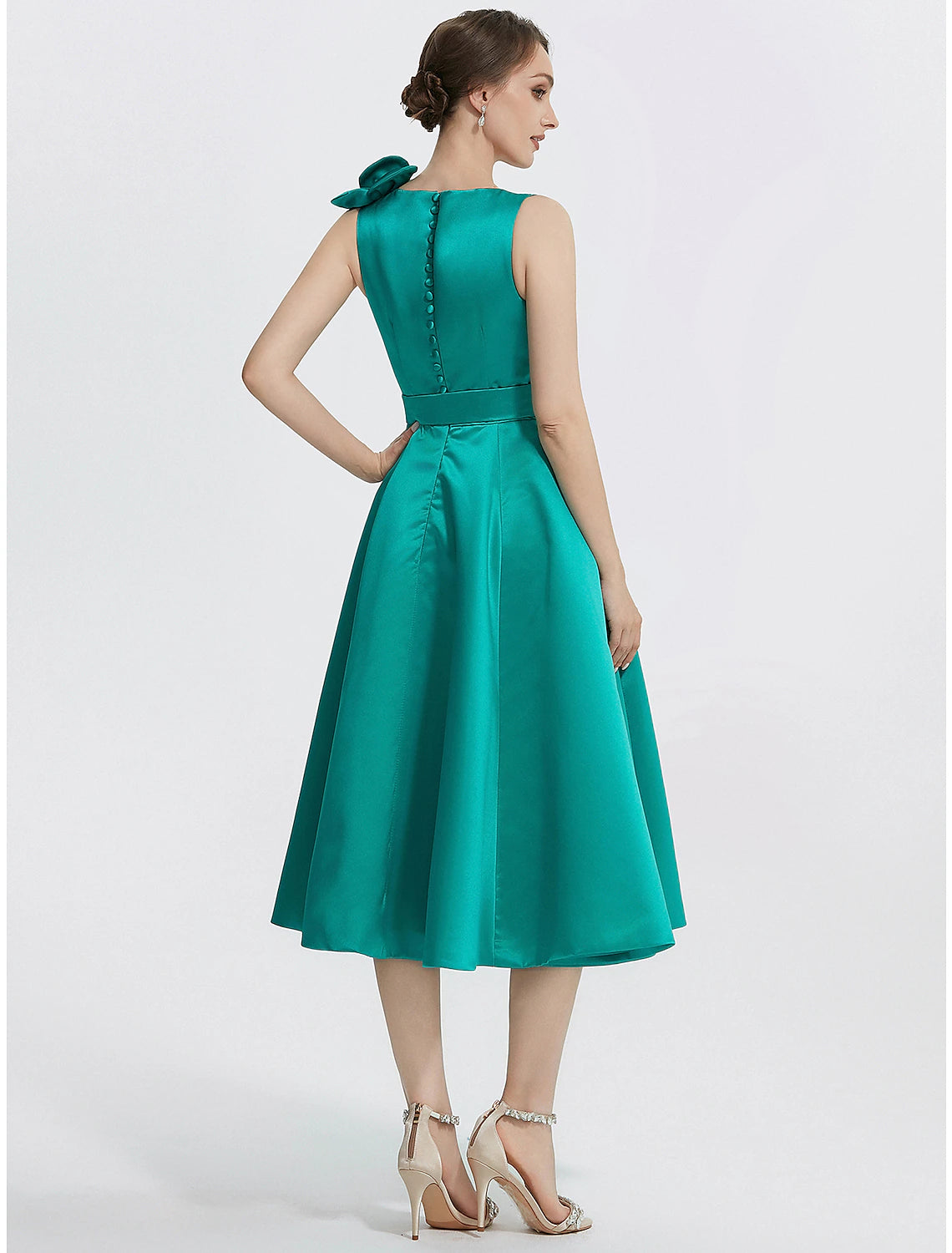 Wholesa A-Line Cocktail Dresses Elegant Dress Formal Tea Length Sleeveless V Neck Satin with Appliques