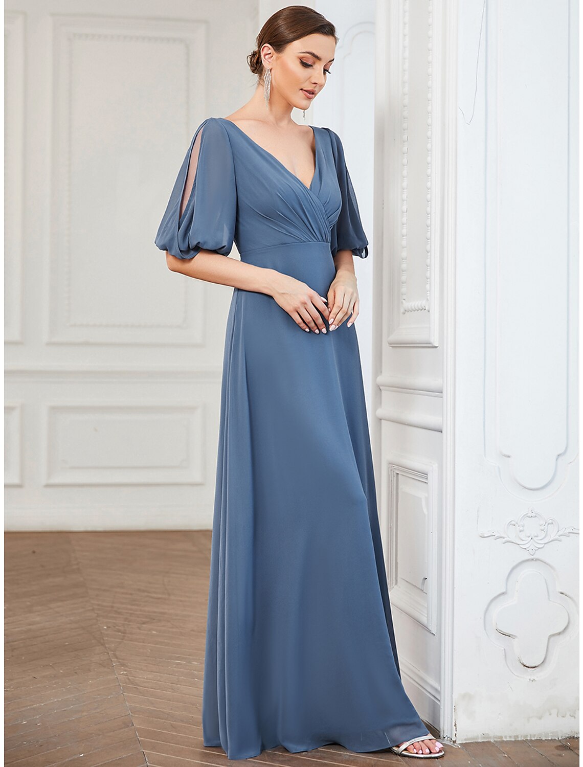 wholesale  A-Line Evening Gown Minimalist Dress Wedding Guest Floor Length Half Sleeve V Neck Chiffon with Pleats