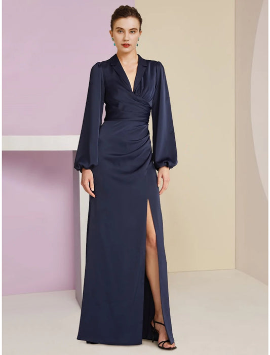 Wholesa Sheath / Column Mother of the Bride Dress Wedding Guest Elegant V Neck Floor Length Stretch Satin Long Sleeve with Split Front Ruching