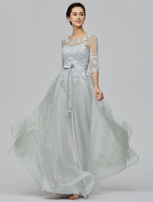 Wholesa A-Line Empire Dress Wedding Guest Prom Floor Length Half Sleeve Illusion Neck Tulle with Bow(s) Appliques