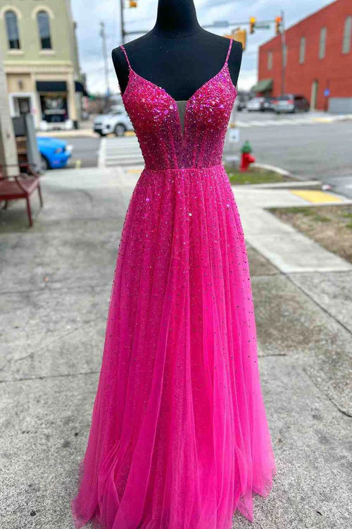 Wholesale Fashion Straps Evening Dress Neon Pink Beaded A-Line Long Formal Dress