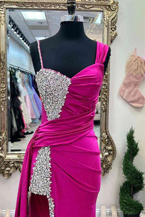 Wholesale Elegant Chic Evening Dress Asymmertrical Fuchsia Beaded Long Porm Dress