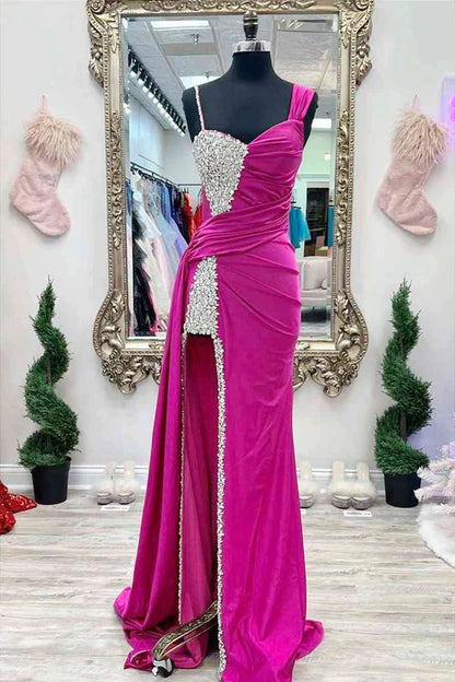 Wholesale Elegant Chic Evening Dress Asymmertrical Fuchsia Beaded Long Porm Dress