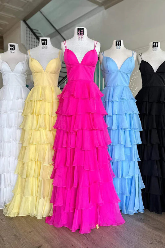 Wholesale V-Neck Evening Dress Straps Ruffle Chiffon Prom Dress with Slit