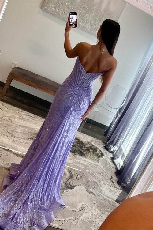 Wholesale Lavender Evening Dress Strapless Lace Ruched Mermaid Prom Dress with Slit